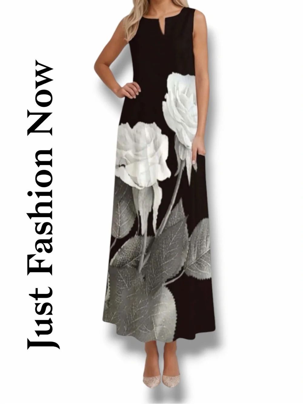 Just Fashion Now Women’s Elegant Black Maxi Dress with White/Grey Floral Print L